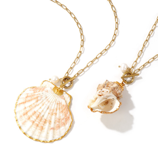 Immagine di 18K Vero Oro Placcato Catena a Graffetta Collana con Ciondolo, 304 Acciaio Inossidabile & Conchiglie Naturali 45cm, Per Donne, Naturale Elegante Casuale Regalo, Placcatura Sottovuoto PVD Ecologica, 1 Pz