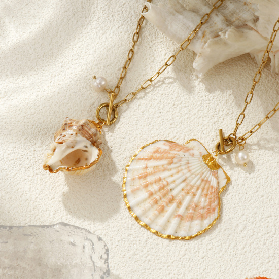 Immagine di 18K Vero Oro Placcato Catena a Graffetta Collana con Ciondolo, 304 Acciaio Inossidabile & Conchiglie Naturali 45cm, Per Donne, Naturale Elegante Casuale Regalo, Placcatura Sottovuoto PVD Ecologica, 1 Pz