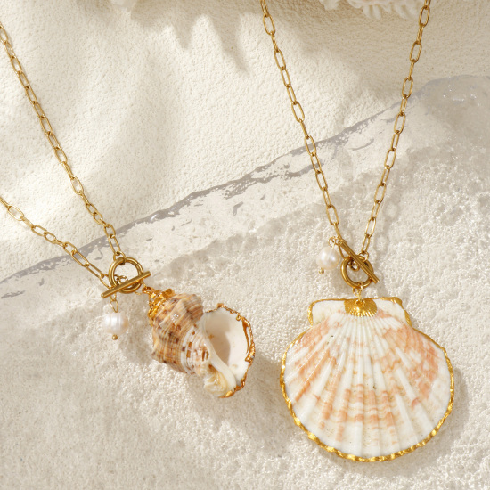 Immagine di 18K Vero Oro Placcato Catena a Graffetta Collana con Ciondolo, 304 Acciaio Inossidabile & Conchiglie Naturali 45cm, Per Donne, Naturale Elegante Casuale Regalo, Placcatura Sottovuoto PVD Ecologica, 1 Pz