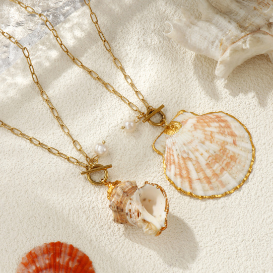 Immagine di 18K Vero Oro Placcato Catena a Graffetta Collana con Ciondolo, 304 Acciaio Inossidabile & Conchiglie Naturali 45cm, Per Donne, Naturale Elegante Casuale Regalo, Placcatura Sottovuoto PVD Ecologica, 1 Pz