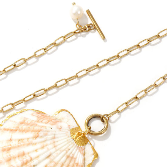 Immagine di 18K Vero Oro Placcato Catena a Graffetta Collana con Ciondolo, 304 Acciaio Inossidabile & Conchiglie Naturali 45cm, Per Donne, Naturale Elegante Casuale Regalo, Placcatura Sottovuoto PVD Ecologica, 1 Pz