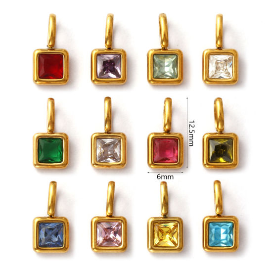 Изображение 1 ШТ Экологичное вакуумное PVD-покрытие 304 Нержавеющая Сталь & Железо Камень рождения Подвески 18K настоящее золото с покрытием Квадратные Мини 12.5мм x 6мм