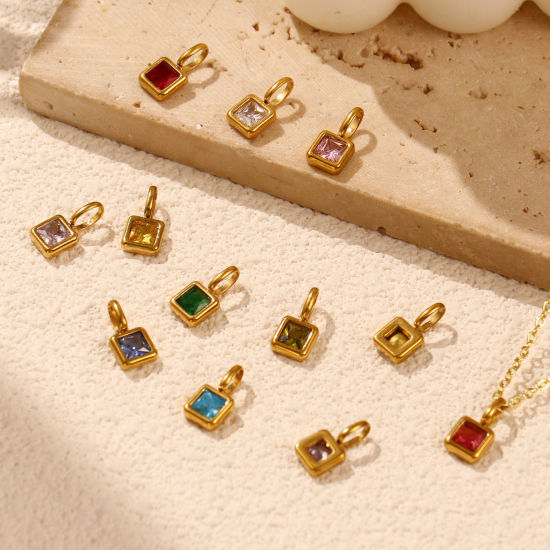 Изображение 1 ШТ Экологичное вакуумное PVD-покрытие 304 Нержавеющая Сталь & Железо Камень рождения Подвески 18K настоящее золото с покрытием Квадратные Мини 12.5мм x 6мм