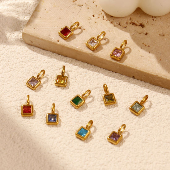 Изображение 1 ШТ Экологичное вакуумное PVD-покрытие 304 Нержавеющая Сталь & Железо Камень рождения Подвески 18K настоящее золото с покрытием Квадратные Мини 12.5мм x 6мм