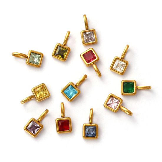 Изображение 1 ШТ Экологичное вакуумное PVD-покрытие 304 Нержавеющая Сталь & Железо Камень рождения Подвески 18K настоящее золото с покрытием Квадратные Мини 12.5мм x 6мм