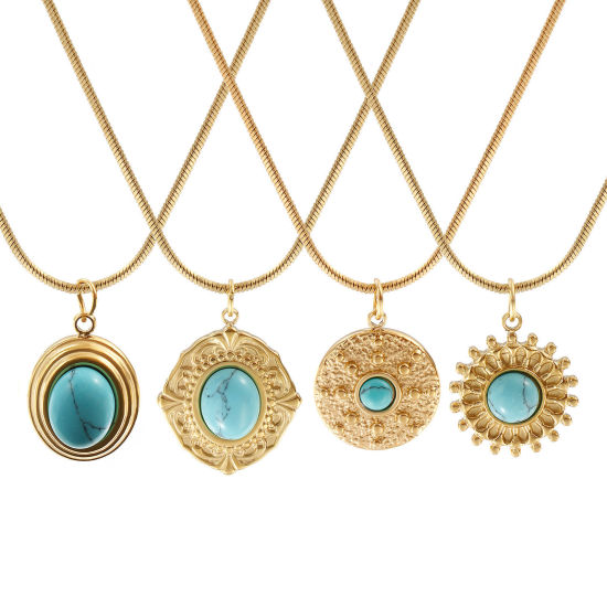 Immagine di 18K Vero Oro Placcato Catena a Serpentina Quadrata Collana con Ciondolo, 304 Acciaio Inossidabile 45cm + 5cm, Per Donne, Verde Blu Con Resina Cabochon Imitazione Turchese, Stile Bohemien Stile Etnico Regalo, Placcatura Sottovuoto PVD Ecologica, 1 Pz