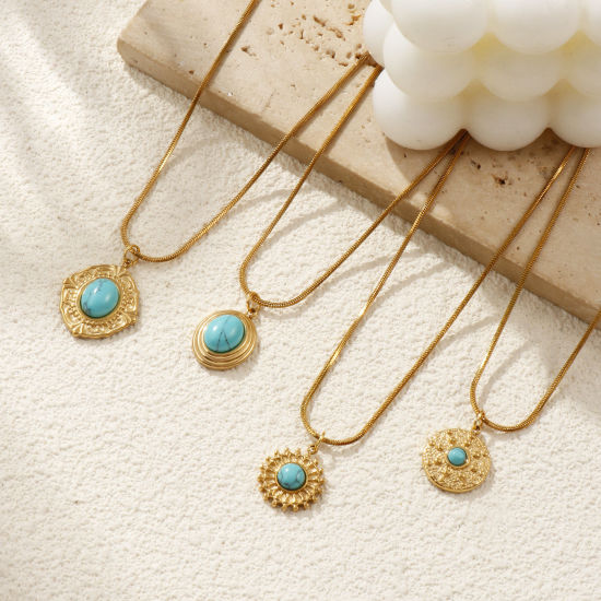 Immagine di 18K Vero Oro Placcato Catena a Serpentina Quadrata Collana con Ciondolo, 304 Acciaio Inossidabile 45cm + 5cm, Per Donne, Verde Blu Con Resina Cabochon Imitazione Turchese, Stile Bohemien Stile Etnico Regalo, Placcatura Sottovuoto PVD Ecologica, 1 Pz