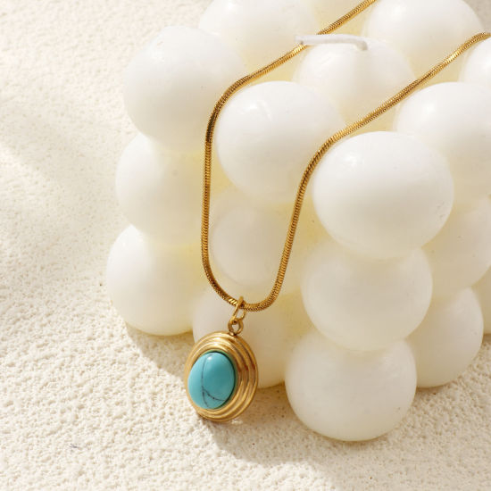 Immagine di 18K Vero Oro Placcato Catena a Serpentina Quadrata Collana con Ciondolo, 304 Acciaio Inossidabile 45cm + 5cm, Per Donne, Verde Blu Con Resina Cabochon Imitazione Turchese, Stile Bohemien Stile Etnico Regalo, Placcatura Sottovuoto PVD Ecologica, 1 Pz