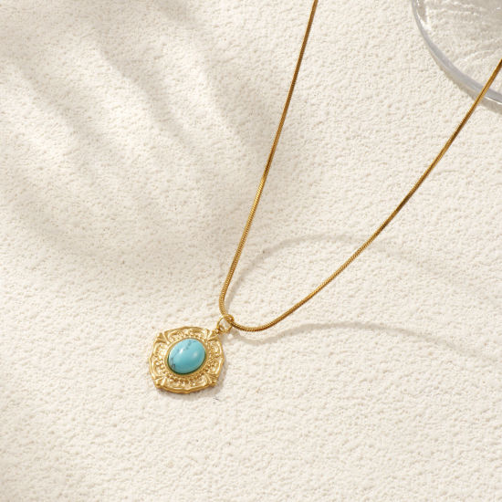 Immagine di 18K Vero Oro Placcato Catena a Serpentina Quadrata Collana con Ciondolo, 304 Acciaio Inossidabile 45cm + 5cm, Per Donne, Verde Blu Con Resina Cabochon Imitazione Turchese, Stile Bohemien Stile Etnico Regalo, Placcatura Sottovuoto PVD Ecologica, 1 Pz