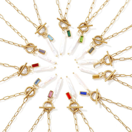 18K Real Gold Plated Paperclip Link Chain Rectangle Pendant Charm Necklace, 304 Stainless Steel & Natural Pearl 45cm(17.7"), For Women, White Birthstone Baroque Gift, Eco-friendly PVD Vacuum Plating