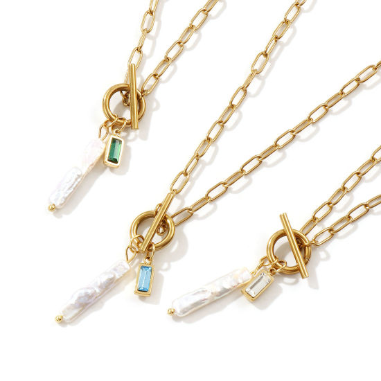 Bild von 18K Echtgold plattiert Büroklammerkette Rechteck Anhänger Halskette, 304 Edelstahl & Naturperle 45cm, Für Frauen, Weiß Monatsstein Barock Geschenk, Umweltfreundliche PVD-Vakuumbeschichtung