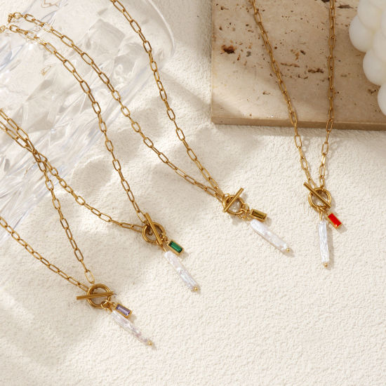 Bild von 18K Echtgold plattiert Büroklammerkette Rechteck Anhänger Halskette, 304 Edelstahl & Naturperle 45cm, Für Frauen, Weiß Monatsstein Barock Geschenk, Umweltfreundliche PVD-Vakuumbeschichtung