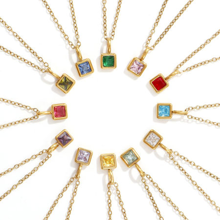 18K Real Gold Plated Link Cable Chain Square Pendant Charm Necklace, 304 Stainless Steel & Cubic Zirconia 45cm(17.7") + 5cm(2"), For Women, Birthstone Exquisite Gift, Eco-friendly PVD Vacuum Plating