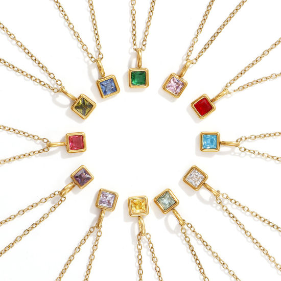 Immagine di 18K Vero Oro Placcato Catena a Cavo Quadrato Collana con Ciondolo, 304 Acciaio Inossidabile & Zircone Cubico 45cm + 5cm, Per Donne, Pietre Nascita Squisito Regalo, Placcatura Sottovuoto PVD Ecologica, 1 Pz