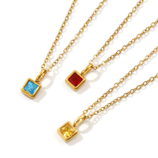 Immagine di 18K Vero Oro Placcato Catena a Cavo Quadrato Collana con Ciondolo, 304 Acciaio Inossidabile & Zircone Cubico 45cm + 5cm, Per Donne, Pietre Nascita Squisito Regalo, Placcatura Sottovuoto PVD Ecologica, 1 Pz