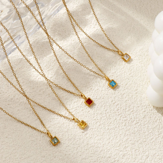 Immagine di 18K Vero Oro Placcato Catena a Cavo Quadrato Collana con Ciondolo, 304 Acciaio Inossidabile & Zircone Cubico 45cm + 5cm, Per Donne, Pietre Nascita Squisito Regalo, Placcatura Sottovuoto PVD Ecologica, 1 Pz