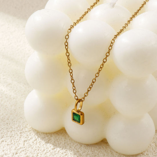 Immagine di 18K Vero Oro Placcato Catena a Cavo Quadrato Collana con Ciondolo, 304 Acciaio Inossidabile & Zircone Cubico 45cm + 5cm, Per Donne, Pietre Nascita Squisito Regalo, Placcatura Sottovuoto PVD Ecologica, 1 Pz