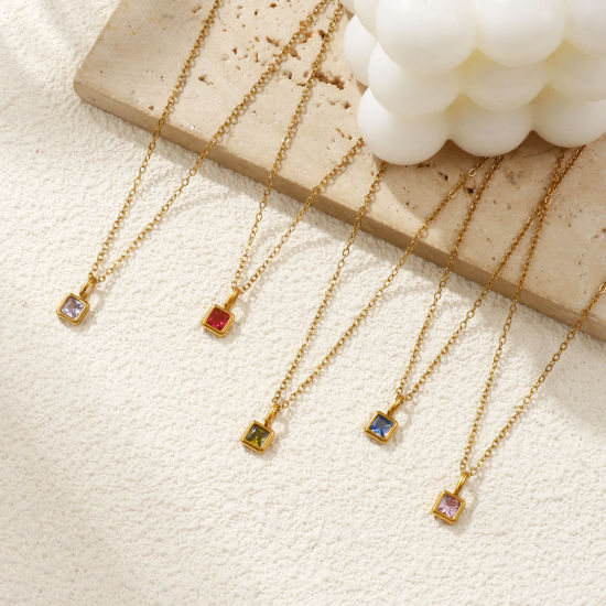 Immagine di 18K Vero Oro Placcato Catena a Cavo Quadrato Collana con Ciondolo, 304 Acciaio Inossidabile & Zircone Cubico 45cm + 5cm, Per Donne, Pietre Nascita Squisito Regalo, Placcatura Sottovuoto PVD Ecologica, 1 Pz