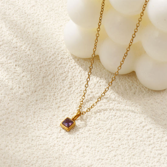 Immagine di 18K Vero Oro Placcato Catena a Cavo Quadrato Collana con Ciondolo, 304 Acciaio Inossidabile & Zircone Cubico 45cm + 5cm, Per Donne, Pietre Nascita Squisito Regalo, Placcatura Sottovuoto PVD Ecologica, 1 Pz