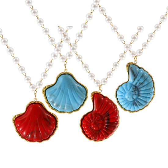 Immagine di 18K Vero Oro Placcato Catena di Perline Collana con Ciondolo, 304 Acciaio Inossidabile & Resina 45cm, Per Donne, 3D, Gioielli Oceanici Elegante Regalo, Placcatura Sottovuoto PVD Ecologica, 1 Pz