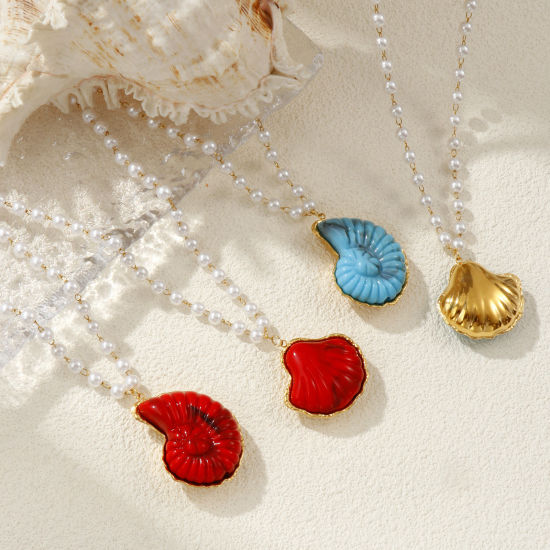 Immagine di 18K Vero Oro Placcato Catena di Perline Collana con Ciondolo, 304 Acciaio Inossidabile & Resina 45cm, Per Donne, 3D, Gioielli Oceanici Elegante Regalo, Placcatura Sottovuoto PVD Ecologica, 1 Pz