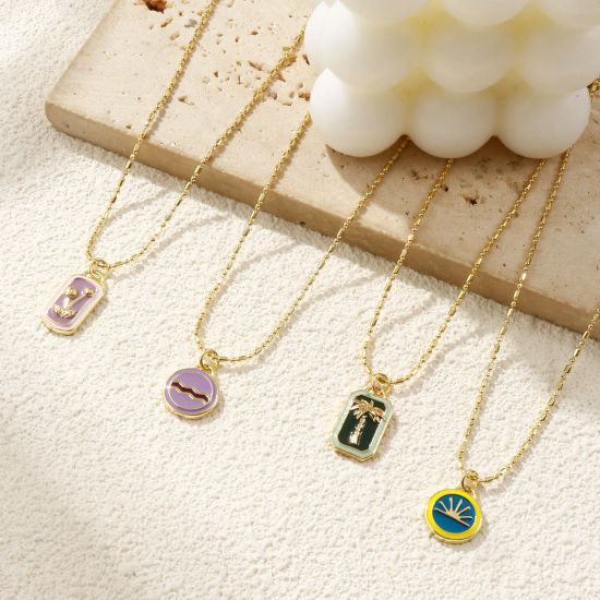 Bild von 18K Echtgold plattiert Bambus-Kette Anhänger Halskette, Messing 45cm + 5cm, Für Frauen, Emaille Retro Geometrisch Geschenk, Umweltfreundlich