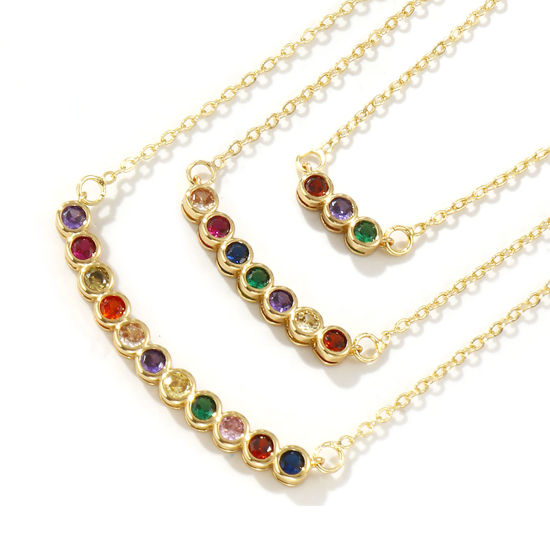 Bild von 18K Echtgold plattiert Kreuz Gliederketten Rund Anhänger Halskette, Messing Für Frauen, Bunt Zirkonia Minimalistisch Monatsstein Geschenk, Umweltfreundlich