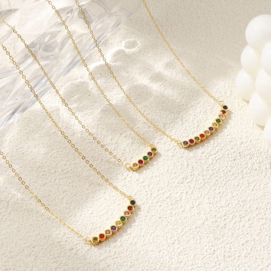 Bild von 18K Echtgold plattiert Kreuz Gliederketten Rund Anhänger Halskette, Messing Für Frauen, Bunt Zirkonia Minimalistisch Monatsstein Geschenk, Umweltfreundlich