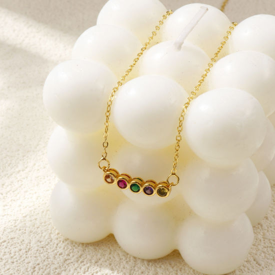 Bild von 18K Echtgold plattiert Kreuz Gliederketten Rund Anhänger Halskette, Messing Für Frauen, Bunt Zirkonia Minimalistisch Monatsstein Geschenk, Umweltfreundlich