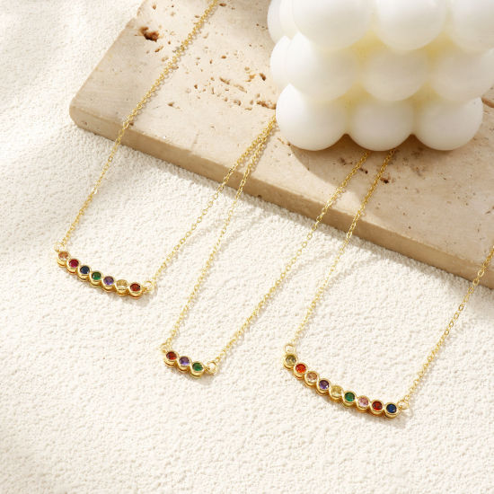 Bild von 18K Echtgold plattiert Kreuz Gliederketten Rund Anhänger Halskette, Messing Für Frauen, Bunt Zirkonia Minimalistisch Monatsstein Geschenk, Umweltfreundlich