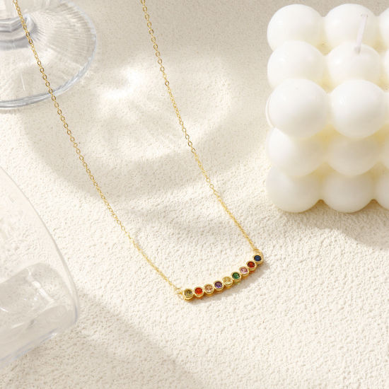 Bild von 18K Echtgold plattiert Kreuz Gliederketten Rund Anhänger Halskette, Messing Für Frauen, Bunt Zirkonia Minimalistisch Monatsstein Geschenk, Umweltfreundlich