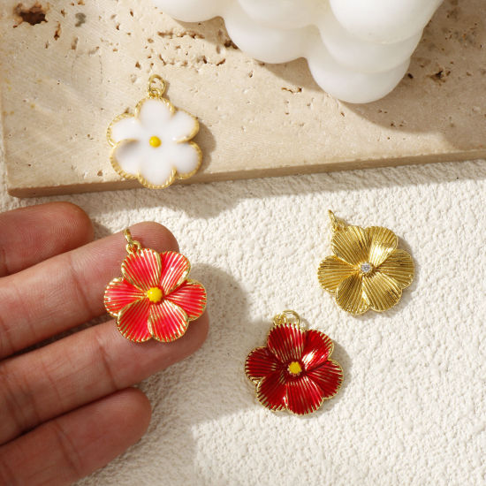 Immagine di 1 Pz Ottone Ciondoli Placcato Oro 18K Fiore Smalto 26mm x 20mm
