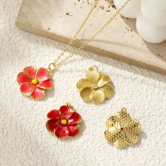 Immagine di 1 Pz Ottone Ciondoli Placcato Oro 18K Fiore Smalto 26mm x 20mm