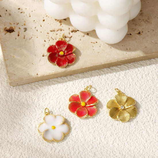 Immagine di 1 Pz Ottone Ciondoli Placcato Oro 18K Fiore Smalto 26mm x 20mm