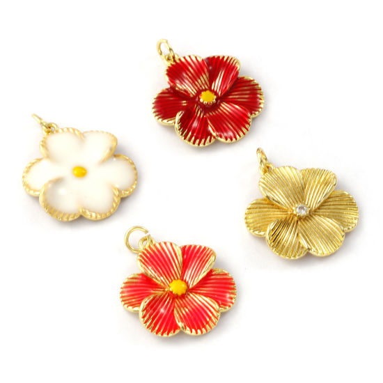 Immagine di 1 Pz Ottone Ciondoli Placcato Oro 18K Fiore Smalto 26mm x 20mm