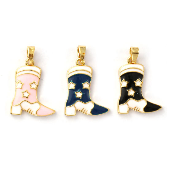 Изображение 2 ШТ Латунь Западный ковбой Подвески 18K позолоченный С Эмалью Ботинок Звезда 24мм x 15мм