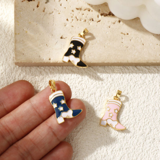 Изображение 2 ШТ Латунь Западный ковбой Подвески 18K позолоченный С Эмалью Ботинок Звезда 24мм x 15мм