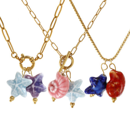 Collier à Breloques Plaqué Or Véritable 18K en 304 Acier Inoxydable & Céramique Pour Femmes, 3D, Bijoux d'Océan Sucré & Mignon Cadeau, Revêtement sous Vide PVD Respectueux de l'Environnement, 1 Pièce