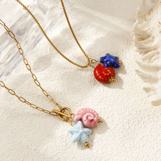 18K Real Gold Plated Pendant Charm Necklace, 304 Stainless Steel & Ceramic For Women, 3D, Ocean Jewelry Sweet & Cute Gift, Eco-friendly PVD Vacuum Plating の画像