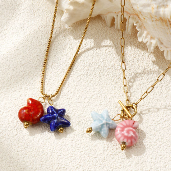 18K Real Gold Plated Pendant Charm Necklace, 304 Stainless Steel & Ceramic For Women, 3D, Ocean Jewelry Sweet & Cute Gift, Eco-friendly PVD Vacuum Plating の画像