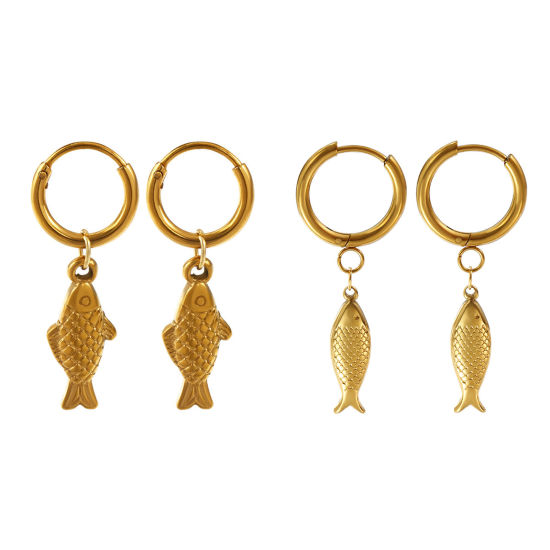 Immagine di Eco-friendly PVD Vacuum Plating Stylish Ocean Jewelry 18K Gold Plated 304 Stainless Steel Fish Animal 3D Hoop Earrings For Women Gift