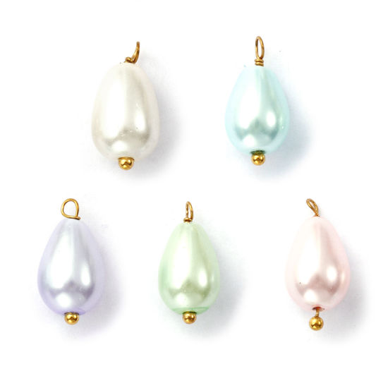Изображение 4 ШТ вакуумное покрытие 304 Нержавеющая Сталь & Акрил Подвески Позолоченный Разноцветный водяная капля Имитация жемчуга 16мм x 8мм