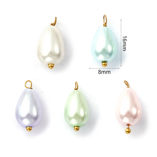 Изображение 4 ШТ вакуумное покрытие 304 Нержавеющая Сталь & Акрил Подвески Позолоченный Разноцветный водяная капля Имитация жемчуга 16мм x 8мм