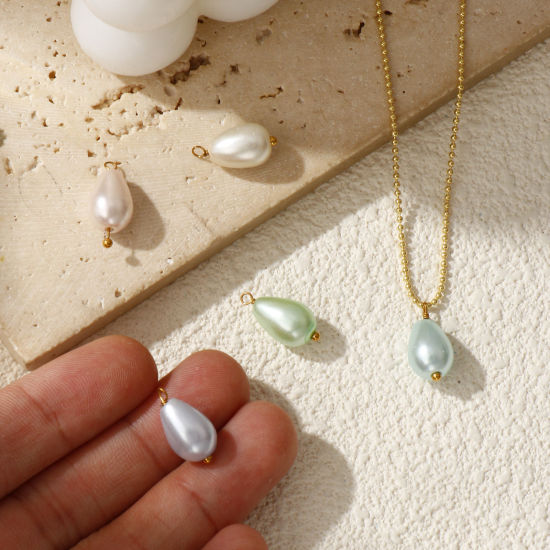 Изображение 4 ШТ вакуумное покрытие 304 Нержавеющая Сталь & Акрил Подвески Позолоченный Разноцветный водяная капля Имитация жемчуга 16мм x 8мм