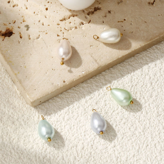 Изображение 4 ШТ вакуумное покрытие 304 Нержавеющая Сталь & Акрил Подвески Позолоченный Разноцветный водяная капля Имитация жемчуга 16мм x 8мм