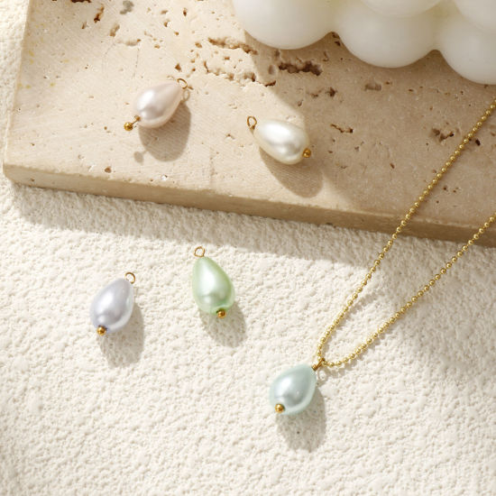 Изображение 4 ШТ вакуумное покрытие 304 Нержавеющая Сталь & Акрил Подвески Позолоченный Разноцветный водяная капля Имитация жемчуга 16мм x 8мм