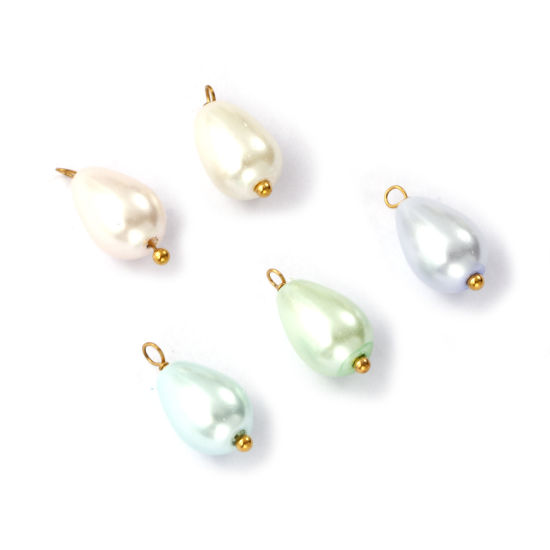 Изображение 4 ШТ вакуумное покрытие 304 Нержавеющая Сталь & Акрил Подвески Позолоченный Разноцветный водяная капля Имитация жемчуга 16мм x 8мм