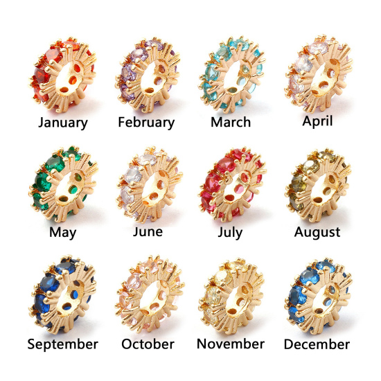 Immagine di 1 Pz Ecologico Ottone Pietre Nascita Perline Distanziatrici per Gioielli Fai-da-te che Fanno Risultati 14K Vero Oro Placcato Tondo Multicolore Cubic Zirconiae 10mm Dia., Buco: Circa 4.8mm
