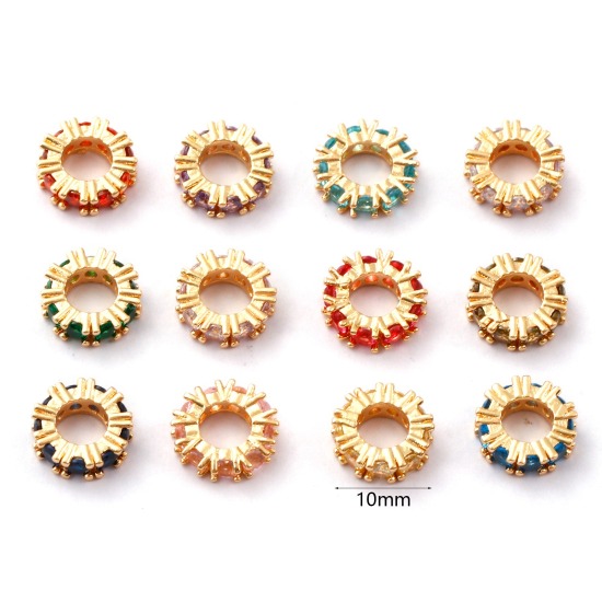 Immagine di 1 Pz Ecologico Ottone Pietre Nascita Perline Distanziatrici per Gioielli Fai-da-te che Fanno Risultati 14K Vero Oro Placcato Tondo Multicolore Cubic Zirconiae 10mm Dia., Buco: Circa 4.8mm