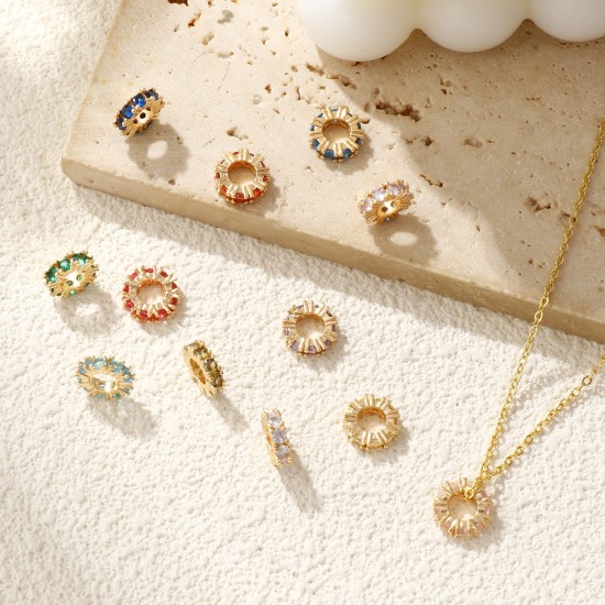 Immagine di 1 Pz Ecologico Ottone Pietre Nascita Perline Distanziatrici per Gioielli Fai-da-te che Fanno Risultati 14K Vero Oro Placcato Tondo Multicolore Cubic Zirconiae 10mm Dia., Buco: Circa 4.8mm